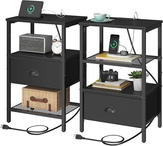 sthmec Nightstands Set of 2, Black Night Stands with Charging Station, Bedside Tables with Drawers PU Finish, 2-Tier Side Table with Open Shelf, Nightstands with Drawer,Black