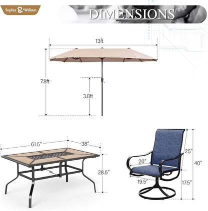 Sophia & William Patio Set with Umbrella Outdoor Dining Set for 6 with 13ft Umbrella Beige, 6 x Patio Chairs Blue, 1 Wood Like Outdoor Dining Table for Deck Lawn Garden (No Umbrella Base)