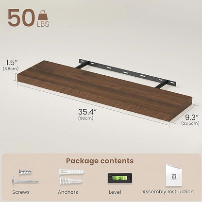 Vivelove Walnut Floating Shelves 36 Inches Long, Wall Display Shelves with Invisible Brackets, for Bathroom Living Room Kitchen Bedroom Office Farmhouse Home Decor, 36x9.3X 1.5 - Set of 2, Walnut