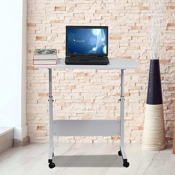 Standing Desk - Side Table Adjustable Height, Portable Laptop Cart, C-Shaped Bed Couch end Tables with Edge Stopper - Wheels for Living Room Bedroom Walking Pad Treadmill 31.5Inch White