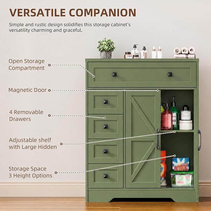 Vabches Farmhouse Storage Cabinet with 2 Doors and 5 Drawers, Freestanding Bathroom Cabinets Kitchen Pantry, Floor Storage Cabinet Hutch Cupboard for Living Room/Bathroom/Kitchen. Green