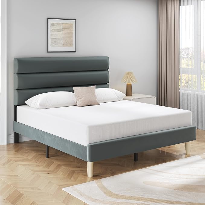 Fluest Full Bed Frame, Platform Bed Frame with Velvet Upholstered Headboard, No Box Spring Needed, Sturdy Metal Support, Noise Free, Easy Assembly, Modern Bedroom Furniture, Grey