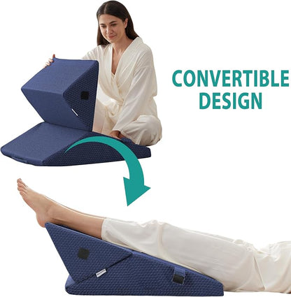 Wedge Pillow for Sleeping, Adjustable 9&12 Inch Foldable Bed Wedge Pillow Set, Orthopedic Memory Foam Triangle Pillows Wedge, 7-in-1 Elevated Pillows for Leg and Back Support, Navy