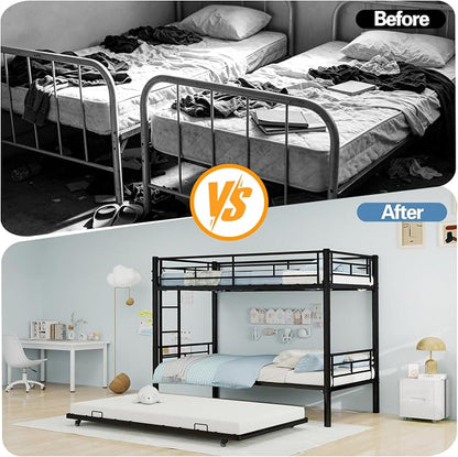 Metal Bunk Bed with Trundle, Space-Saving Bunk Bed Twin Over Twin with Ladders and Safety Guardrail, Heavy Duty Twin Bed Frames, No Box Spring Needed and Noise Free(Black)