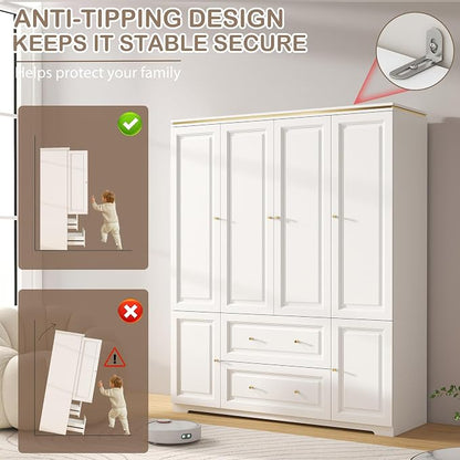 Armoire Wardrobe Closet with Drawers: 74" White Wardrobe Closet with 4 Doors, Tall Bedroom Armoires for Clothes, Wood Closets Cabinet for Hanging Clothes (59")