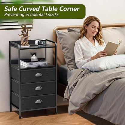 Night Stand with 3 Fabric Drawers, Bedside Table with Wood Top and 2 Tier Shelf, End Table with Storage Drawer Dresser, Small Side Table for Bedroom, Metal Frame, Black