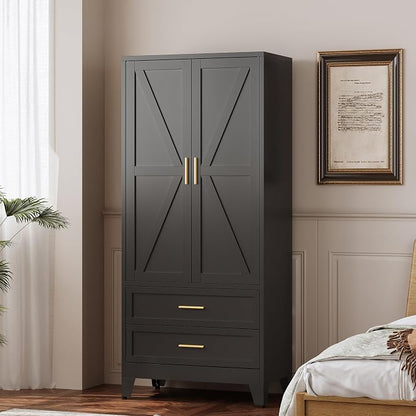 QINPTWUT 71" Tall Metal Wardrobe with Doors, Hanging Rod & Adjustable Shelf, Freestanding Steel Armoire for Bedroom Home Office, 2-Drawer Black