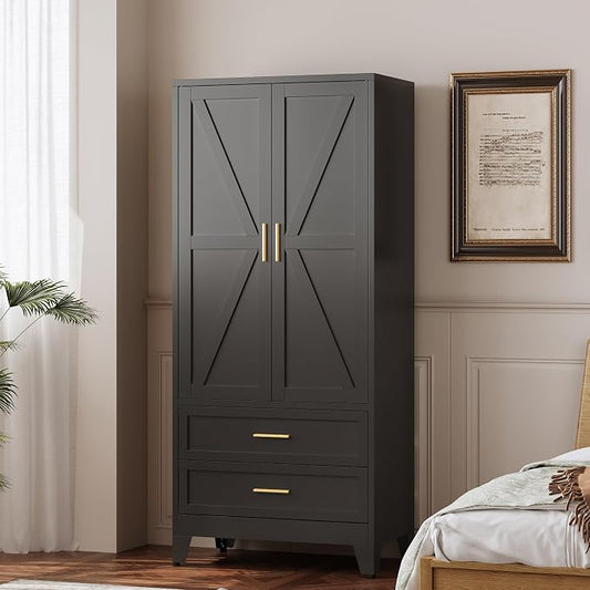 QINPTWUT 71" Tall Metal Wardrobe with Doors, Hanging Rod & Adjustable Shelf, Freestanding Steel Armoire for Bedroom Home Office, 2-Drawer Black