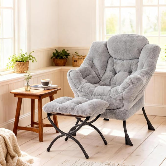 Lazy Chair with Ottoman, Modern Accent Lounge Leisure Sofa with Armrests, Reading Chair and Folding Footstool for Living Room, Bedroom, Office, Plush Grey