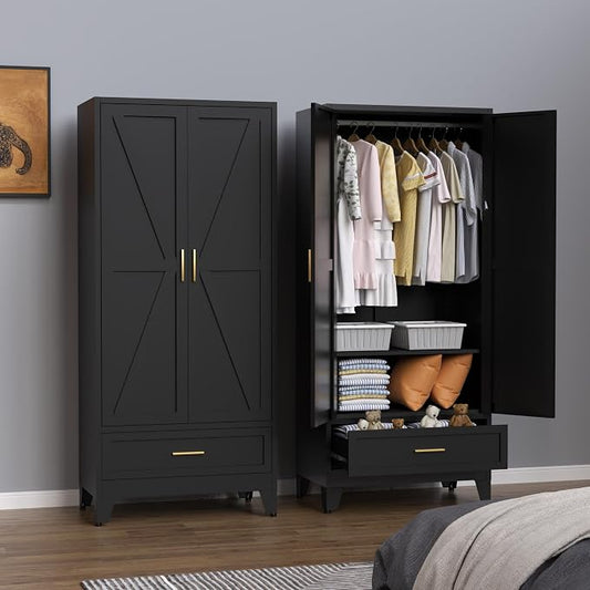 Steel Armoire Wardrobe Closet, 71" Metal Clothing Storage Cabinets with 2 Doors, 1 Drawer and Adjustable Shelves, Black Wardrobe Cabinet with Hanging Rod for Bedroom, Gym