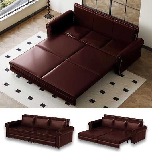 93.7" King Size Sleeper Sofa Bed, Pull Out Sofa Bed, Faux Leather Upholstery, 3 in 1 Convertible Sleeper Couch, Chaise Lounge, Retro Recliner for Living Room, Office, Apartment, Burgundy