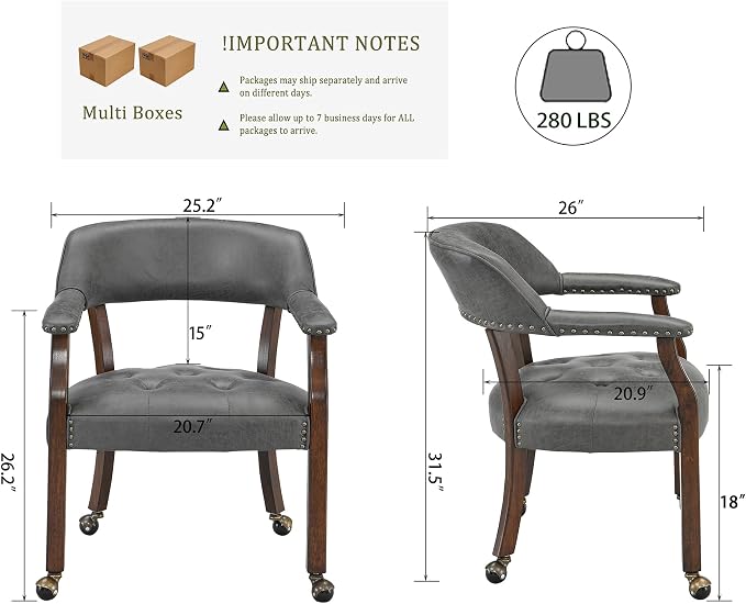 LEEMTORIG Set of 4 Dining Chairs with Casters and Arms, Rolling Dining Chairs with Wheels for Elderly, Ergonomic Wide Seat Wooden Office Chair, 26" Dx25.2 W, Cherry Legs&Dark Grey Fabric SY-1533-GY