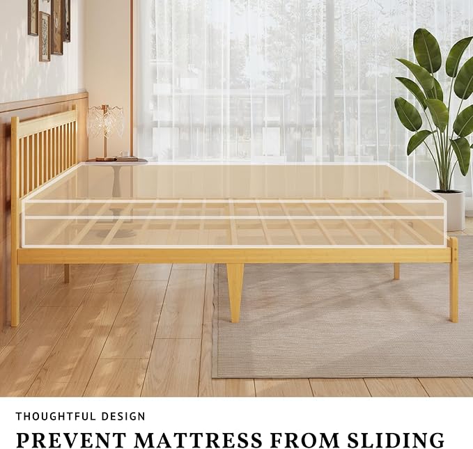 Askeld Wood King Bed Frame with Headboard, 12 Inch High Solid Bamboo Platform Bed No Box Spring Needed, Mid-Century Heavy Duty Bedframe, Easy Assembly, Noise Free