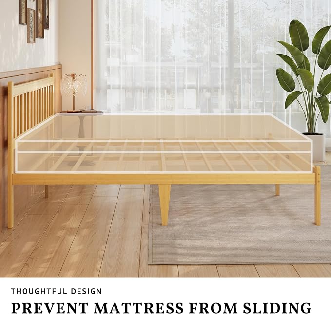 Askeld Wood Twin XL Bed Frame with Headboard, 12 Inch High Solid Bamboo Platform Bed No Box Spring Needed, Mid-Century Heavy Duty Bedframe, Easy Assembly, Noise Free