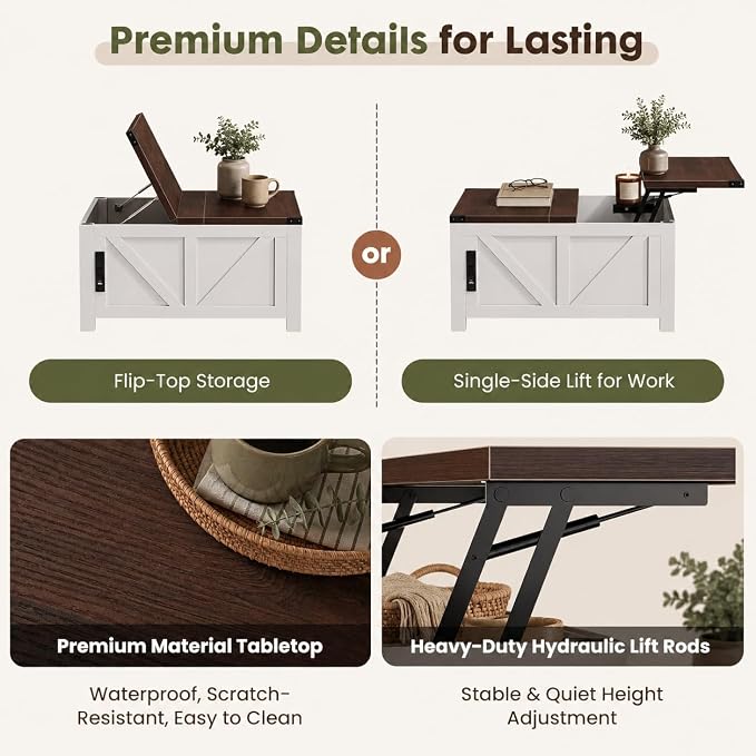 Simple Deluxe Lift Top Coffee Table with Storage, 35.5" Square Coffee Tables for Living Room, Farmhouse Coffee Table with Power Outlets, Coffee Tables with Lifting Top for Living Room (White)