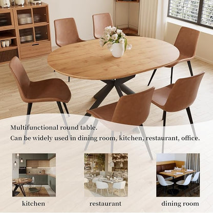 HIPIHOM 43.2"-59.1" Extendable Round Kitchen Table Set for 6 | Round dining table with 6 PU leather chairs, mid century oak, MDF board, space saving, for 4-6 persons