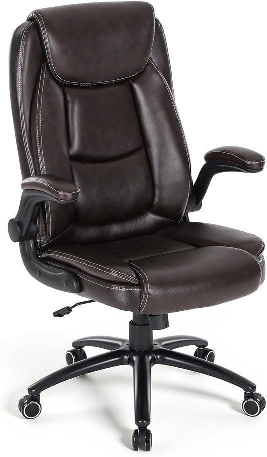 MALOL 300LBS PU Leather High-Back Executive Office Chairs, Heavy Duty Home Ergonomic Computer Chair Flip-Up Armrests & Reclining Backrest, Brown