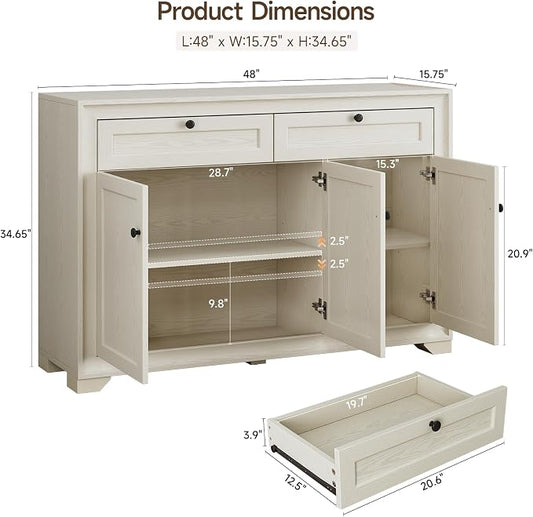 ONBRILL 48 Inches Sideboard Buffet Cabinet with Storage, Farmhouse Sideboard with 2 Drawers and 3 Doors, Wood Coffee Bar Cabinet with Adjustable Shelves for Living Room, Kitchen, Hallway, White