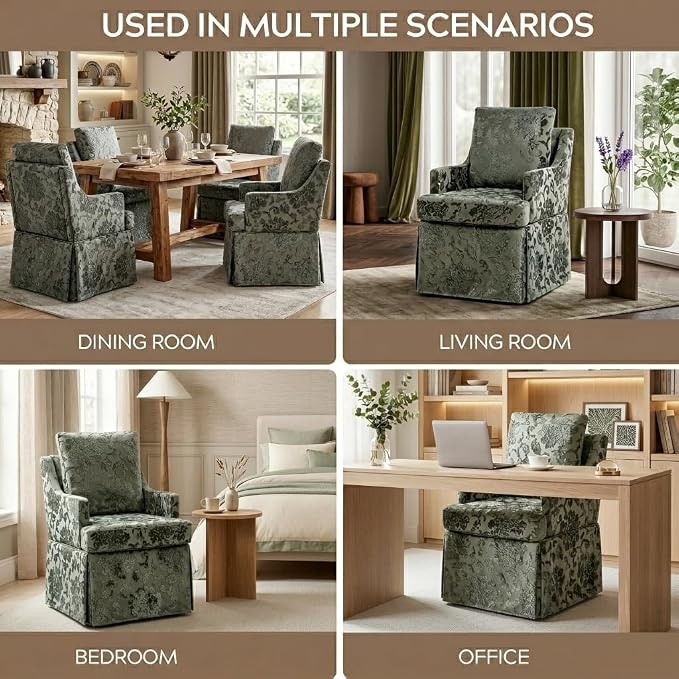 UVV Upholstered Dining Chairs Set of 2, Modern Jacquard Kitchen Chair Dining Room Chair with 4 Casters, Linen Armchair for Bedroom Reading Room Living Room, Dark Green