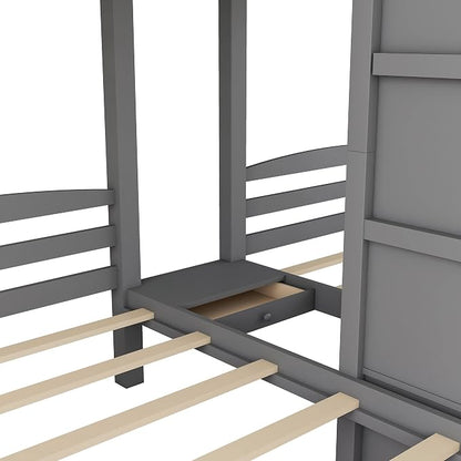 VilroCaz Twin Size Triple Bunk Bed with Built-in Staircase and Storage Drawer, Solid Wood Bunk Bed Frame with Safety Full-Length Guardrail for 3, Bedroom Guest Room Home Furniture (Gray)
