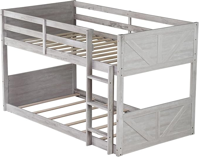 Twin Over Twin Floor Bunk Bed with Ladder,Rustic Rubber Wood Kids Beds with Panelled Headboard & Footboard,Safety Guardrails,Low-Profile Space-Saving Vintage Bunks for Children Bedroom,Antique White