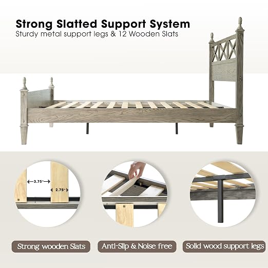 Queen Size Platform Bed Frame with Solid Wood Headboard & Footboard, Metal Legs, 12 Durable Slatted Base, No Box Spring Needed, Easy Assembly, Noise-Free & Anti-Slip, Weathered Gray Oak Finish RIQ-34