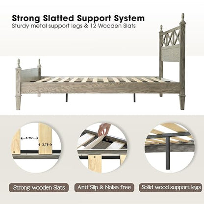 Queen Size Platform Bed Frame with Solid Wood Headboard & Footboard, Metal Legs, 12 Durable Slatted Base, No Box Spring Needed, Easy Assembly, Noise-Free & Anti-Slip, Weathered Gray Oak Finish RIQ-34