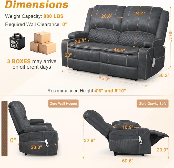 Loveseat Recliner Sofa, Power Reclining Loveseat Sofa RV Couch with Removable Armrest and Remote Control, Wall Hugger Home Theater Seating with 2-Tier Cushions, Storage & USB Ports, Grey