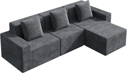 WLIVE 110'' Cloud Sectional Couches for Living Room, Modular Boneless Couch with Facing Chaise, L Shape Memory Foam Corduroy, with Ottoman, Grey