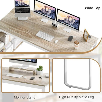 MaverickFurni 55" L Shaped Desk with Drawers and Shelves, Home Office Desk with Monitor Stand for Work Writing Study, Reversible Corner Desk with Storage, White and Walnut