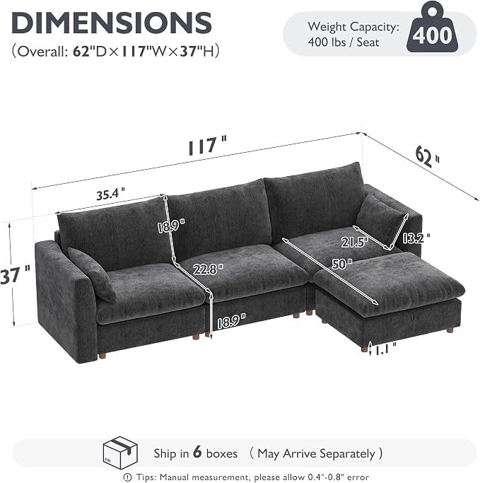 Ihanherry 117" Oversized Modular Sectional Sofa, Modern L Shaped Cloud Couch with Storage Ottoman, 4-Seat Comfy Chenille Deep Seat Sofa with 2 Pillows for Living Room, Grey