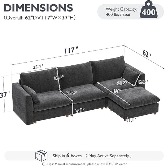 Ihanherry 117" Oversized Modular Sectional Sofa, Modern L Shaped Cloud Couch with Storage Ottoman, 4-Seat Comfy Chenille Deep Seat Sofa with 2 Pillows for Living Room, Grey