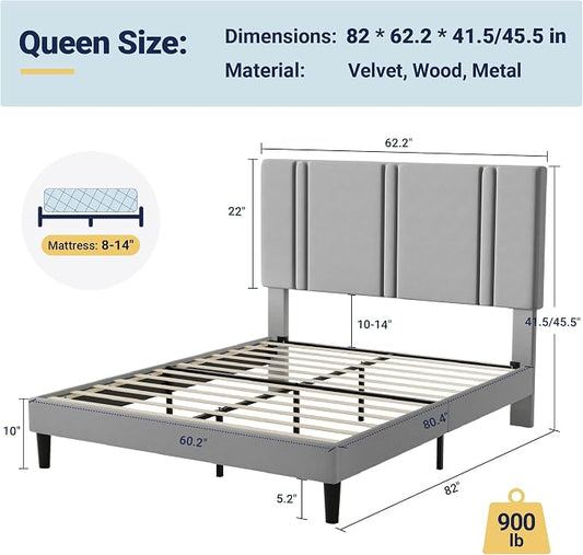 Allewie Queen Platform Bed Frame with Adjustable Headboard, Plush Velvet Upholstered, Vertical Channel Tufted, Sturdy Wooden Slats, No Box Spring Needed, Easy Assembly, Grey
