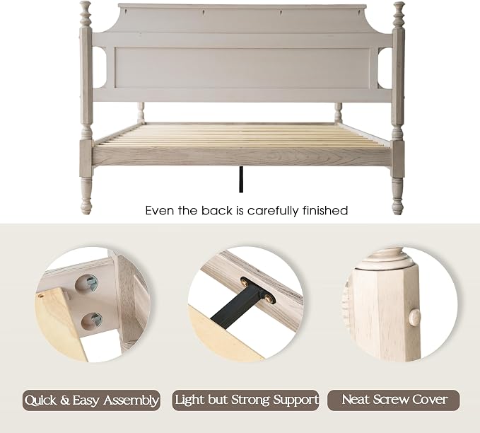 Solid Wood King Size Platform Bed Frame with Headboard & Footboard, 12 Sturdy Slats Base, Center Metal Legs, Noise-Free, No Box Spring Needed, Easy Assembly, Driftwood Gray Oak Finish, ROK-33
