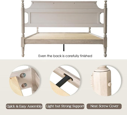 Solid Wood King Size Platform Bed Frame with Headboard & Footboard, 12 Sturdy Slats Base, Center Metal Legs, Noise-Free, No Box Spring Needed, Easy Assembly, Driftwood Gray Oak Finish, ROK-33