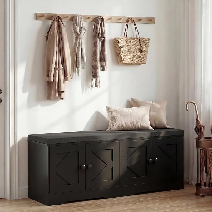 Apicizon Storage Bench with Seat Cushion, 2 Tier Entryway Bench with 4 Barn Doors, Adjustable Shelves, 47.36" Shoe Bench for Entryway Hallway Bedroom Living Room, Black