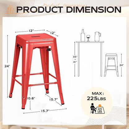 Furmax 24 Inch Metal Bar Stools Set of 4, Counter Height Bar Stools Height High Backless Stools Industrial Stackable Bar Chairs for Dining Room Kitchen Indoor Outdoor Stools Bar Chairs (Red)