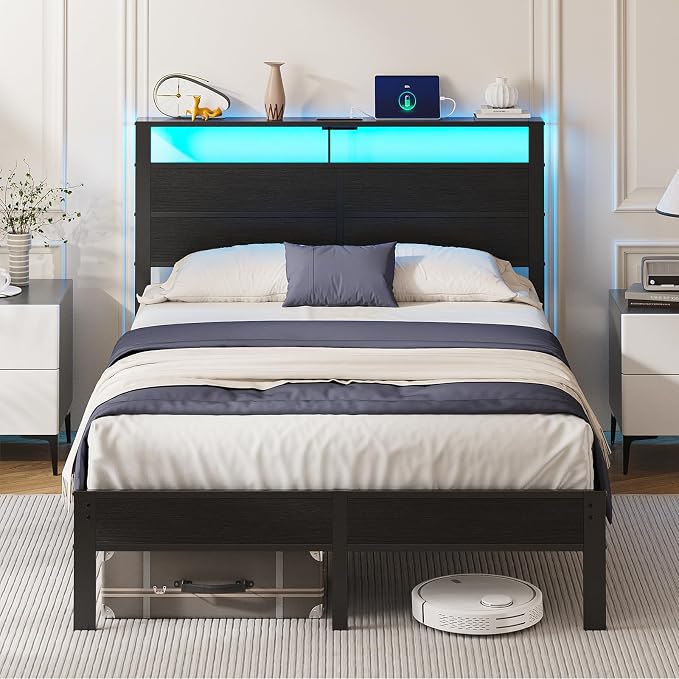 Full Size Metal Bed Frame with Storage Headboard, LED Lights and USB Charging Ports, Noise Free Platform Bed with Sturdy Slats, No Box Spring Needed, Easy Assembly