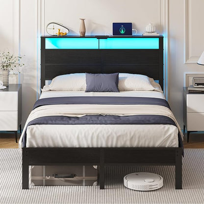 Full Size Metal Bed Frame with Storage Headboard, LED Lights and USB Charging Ports, Noise Free Platform Bed with Sturdy Slats, No Box Spring Needed, Easy Assembly