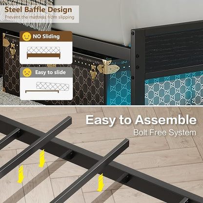 Full Size Bed Frame with Upholstered Headboard and 2-Tier Storage Shelves | Metal / Charging Station / LED Lights / Noise Free / No Box Spring Needed / Black