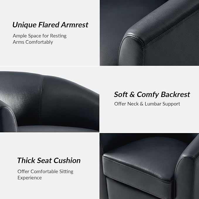 HULALA HOME Genuine Leather Swivel Barrel Chair, Round Swivel Accent Chair with Solid Wood Base, No Assembly Required, Navy