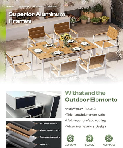 Outdoor Dining Set, Patio Table and Chairs Set with Umbrella Hole, 7 Pieces HDPS + Aluminum Patio Dining Furniture Set for Backyard, Garden (White & Teak)