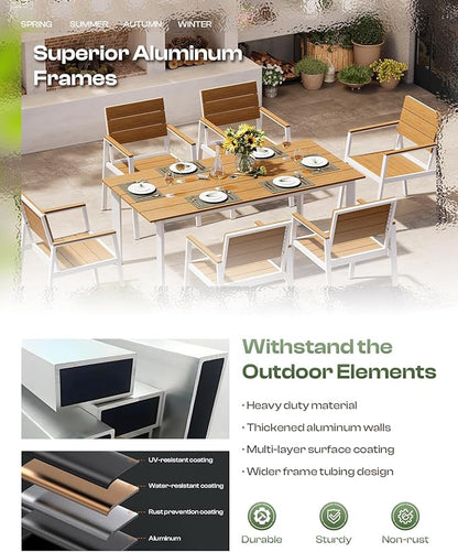 Outdoor Dining Set for 8, Patio Table and Chairs Set with Umbrella Hole, 10 Pieces HDPS + Aluminum Outdoor Furniture Sets for Patio, Garden (White & Teak)