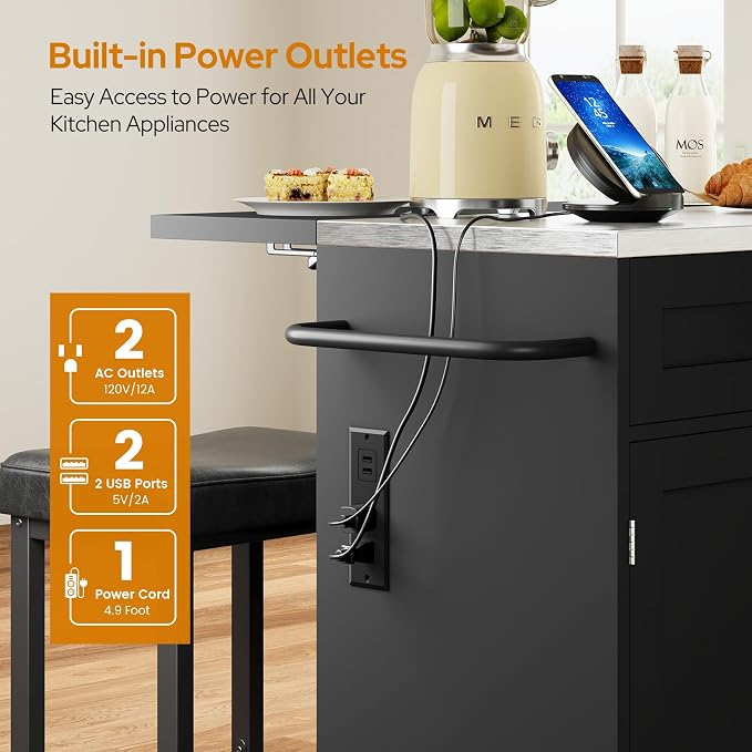 Concho 71'' Kitchen Island with Seating and Stainless Steel Countertop, Rolling Kitchen Carts on Wheels with Folding Drop Leaf, Bar Stool, Power Outlet, Spice/Towel Rack, Black