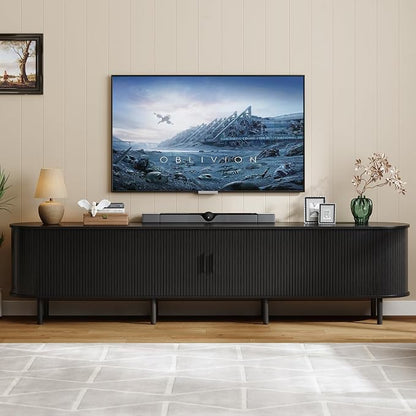 ONBRILL 94.5" TV Stand with Power Outlet for TVs up to 102 Inch, Entertainment Center with Storage and Adjustable Shelves, Modern Media Console with Sliding Doors for Living Room, Black