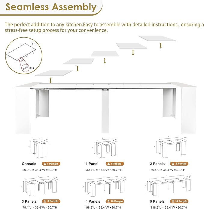 20"-118" White Extendable Dining Table for 2-12 People, Modern Modular Extension Table, Space-Saving Extra Long Folding Dining Table, Multifunctional Conference Meeting Table
