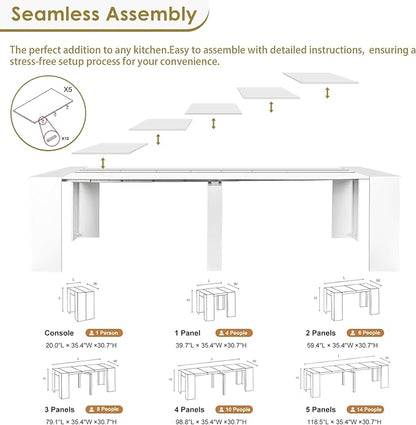 20"-118" White Extendable Dining Table for 2-12 People, Modern Modular Extension Table, Space-Saving Extra Long Folding Dining Table, Multifunctional Conference Meeting Table