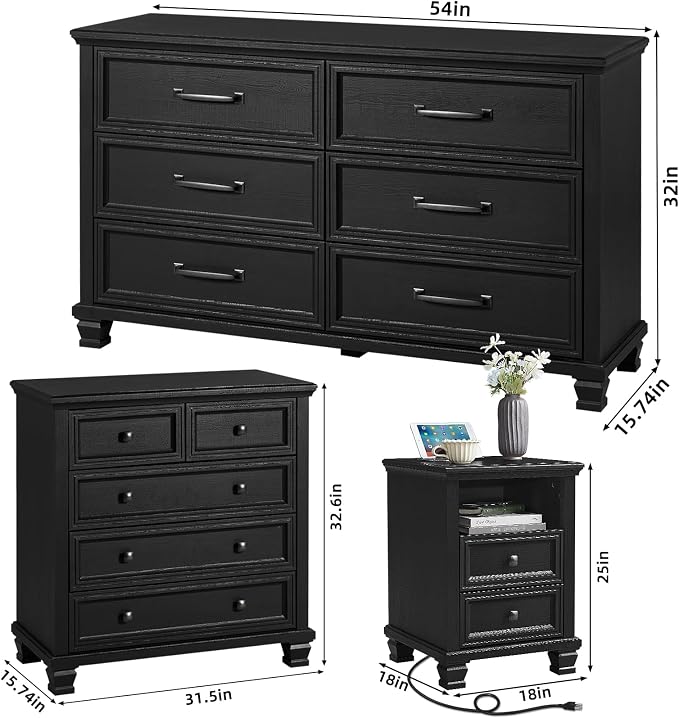 SAVOR LIFE Farmhouse Dresser and Nightstand Sets of 3, 6/5 Drawer Dresser & 2 Drawer Nightstand, Rustic Black Bedroom Furniture Set for Home, Bedroom, Hallway, Black