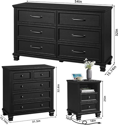 SAVOR LIFE Farmhouse Dresser and Nightstand Sets of 4 Piece, 5/6 Drawer Dresser and 2 Drawer Nightstand Set, Rustic Wood Bedroom Furniture Set for Home, Hallway,Black