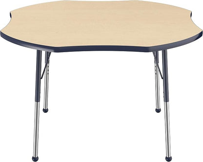FDP Clover Activity School and Office Table (48 x 48 inch), Standard Legs with Ball Glides for Collaborative Seating Environments, Adjustable Height 19-30 inches - Maple Top and Navy Edge